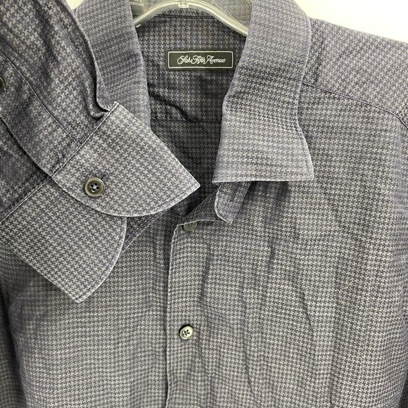 Saks Fifth Avenue Grey Navy Houndstooth Button Front Shirt Cotton Mens Large - Picture 3 of 5